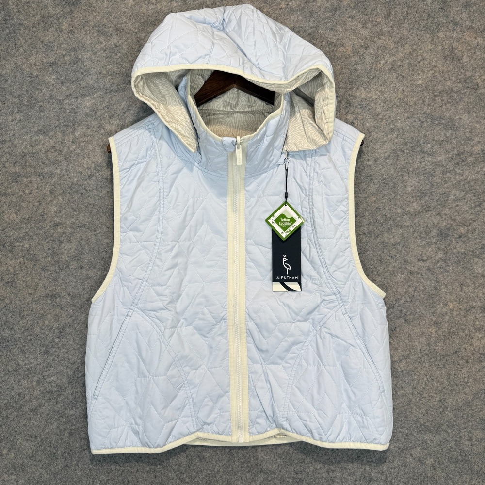 A. Putnam Reversible Quilted Vest Jacket Womens Large Detachable Hood New Cream